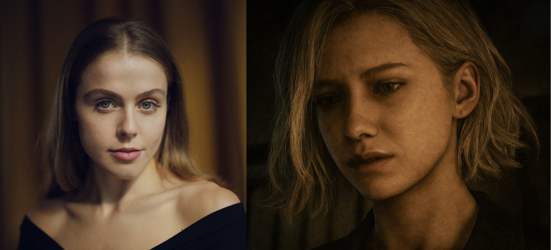 A side-by-side image featuring voice actress Angela Sant’Albano on the left and character Grace Ashcroft on the right