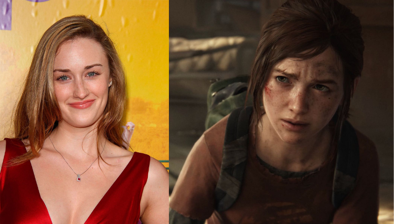 A side-by-side image featuring voice actress Ashley Johnson on the left and character Ellie on the right