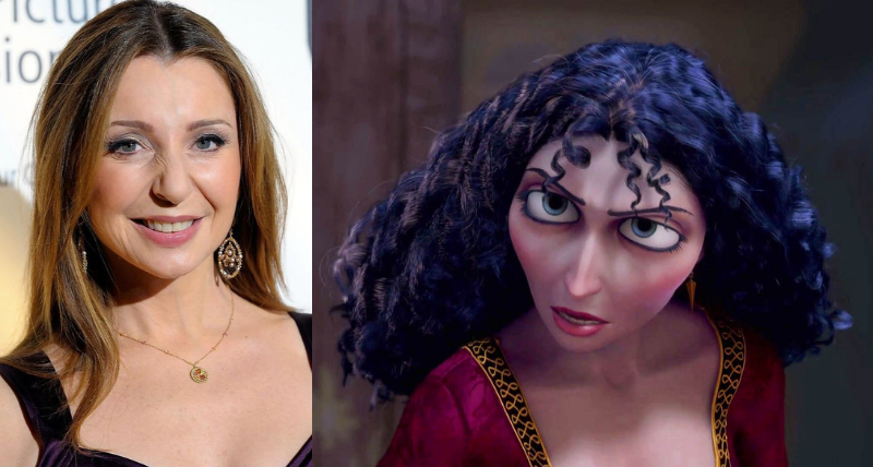 A side-by-side image featuring voice actress Donna Murphy on the left and character Mother Gothel on the right
