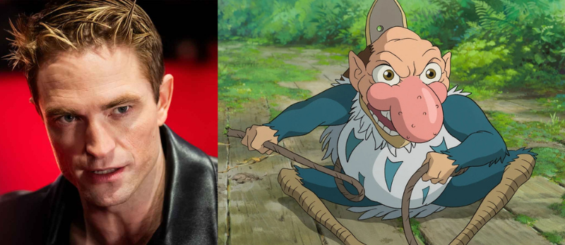 A side-by-side image featuring voice actor Robert Pattinson on the left and character The Gray Heron on the right