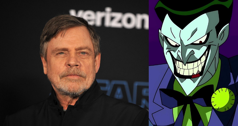 A side-by-side image featuring voice actor Mark Hamill on the left and character The Joker on the right